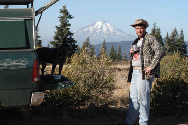 Roger Seher with cattle dog Casey at Mt. Shasta, CA